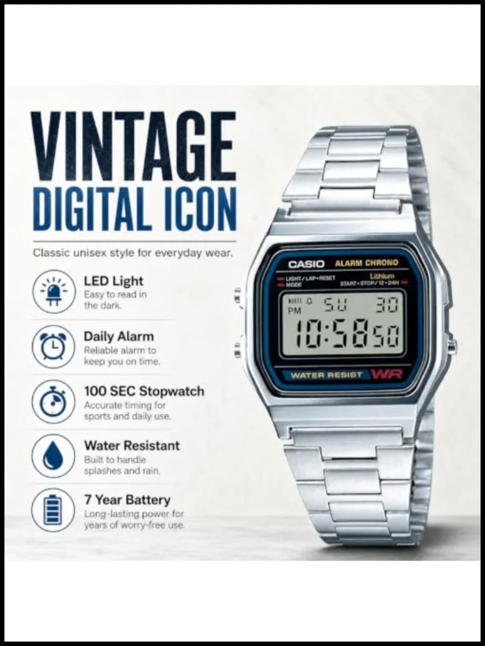 Casio Digital Watch Vintage Retro Stainless Steel Bracelet Everyday Water